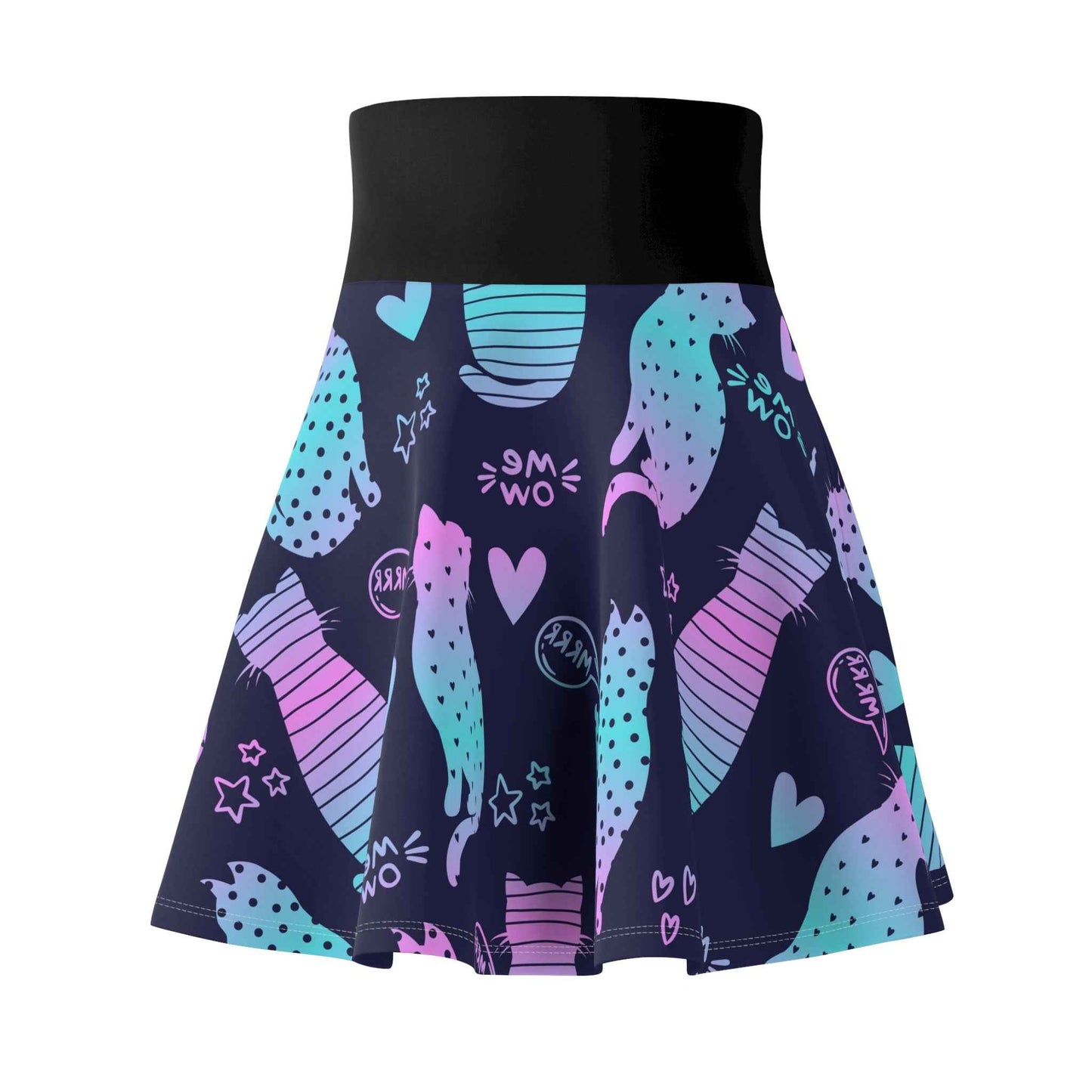 Cat Pattern Skater Skirt - Playful A-Line Mini Skirt with Cute Kitty Print for Animal Lovers