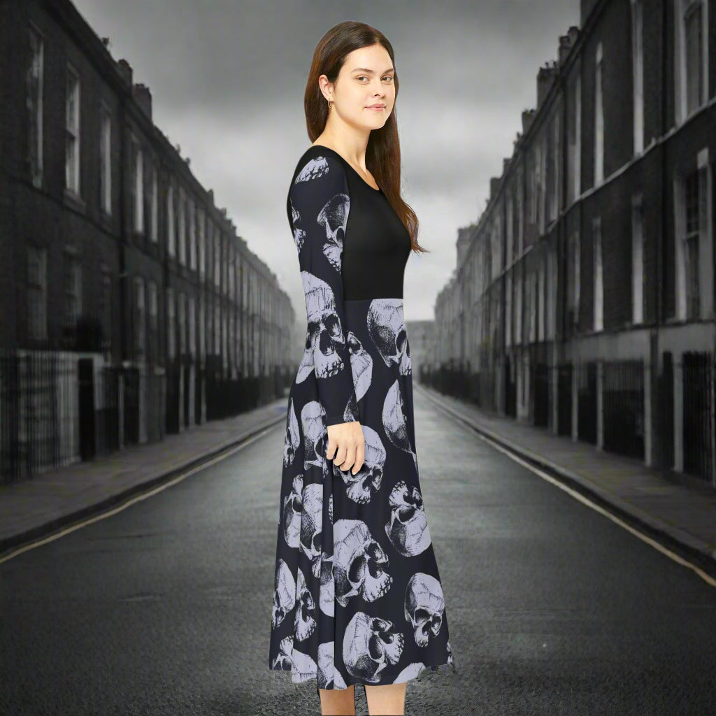 Gothic Dance Dress, Edgy Skull Print Women's Dress, Halloween Costume, Long Sleeve Goth Dress, Alternative Fashion Apparel