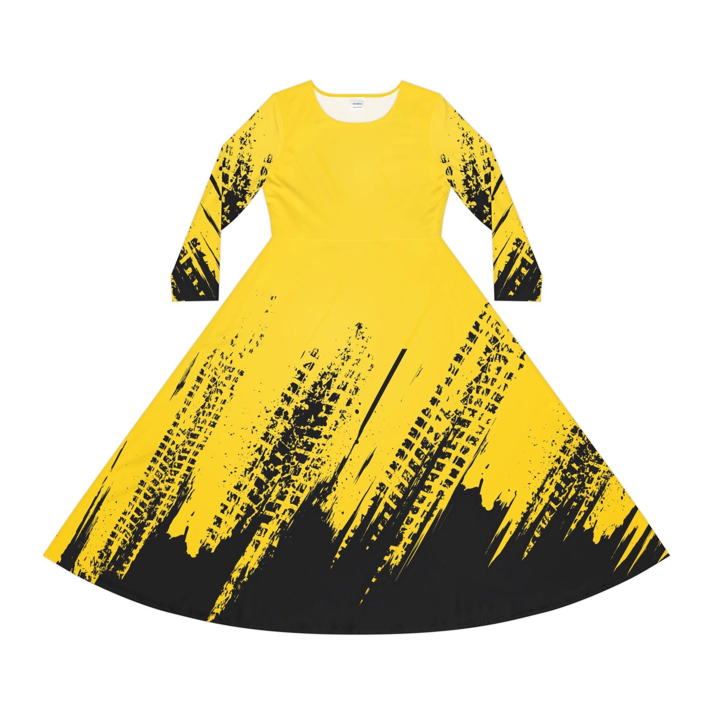 Dance Dress, Vibrant Yellow with Black Splash, Women's Long Sleeve, Dance Costume, Performance Outfit, Dancewear