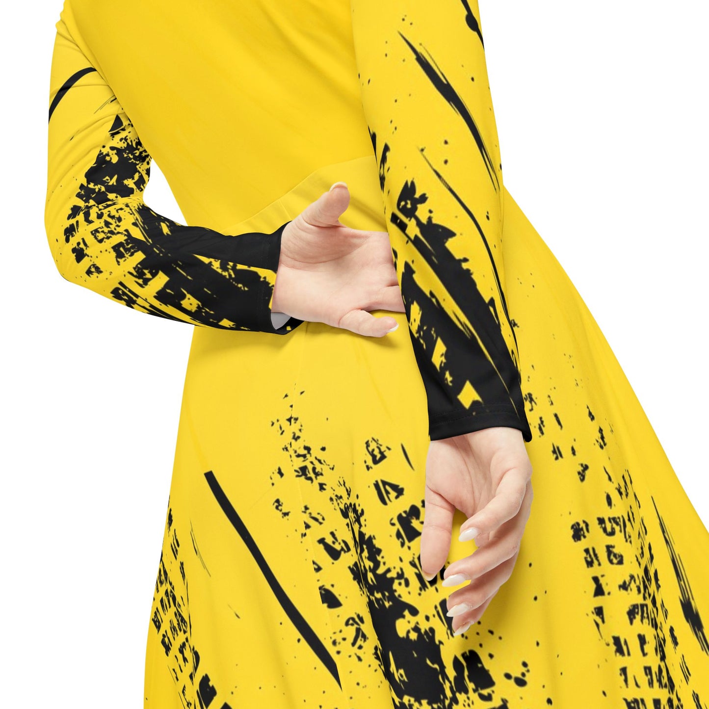 Dance Dress, Vibrant Yellow with Black Splash, Women's Long Sleeve, Dance Costume, Performance Outfit, Dancewear
