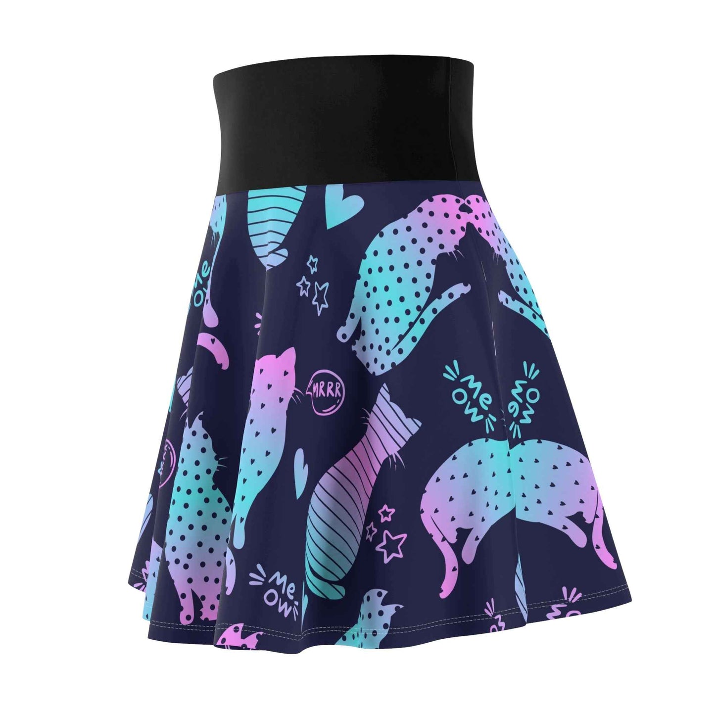 Cat Pattern Skater Skirt - Playful A-Line Mini Skirt with Cute Kitty Print for Animal Lovers