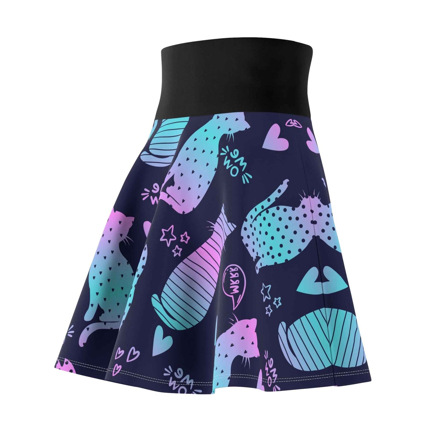 Cat Pattern Skater Skirt - Playful A-Line Mini Skirt with Cute Kitty Print for Animal Lovers