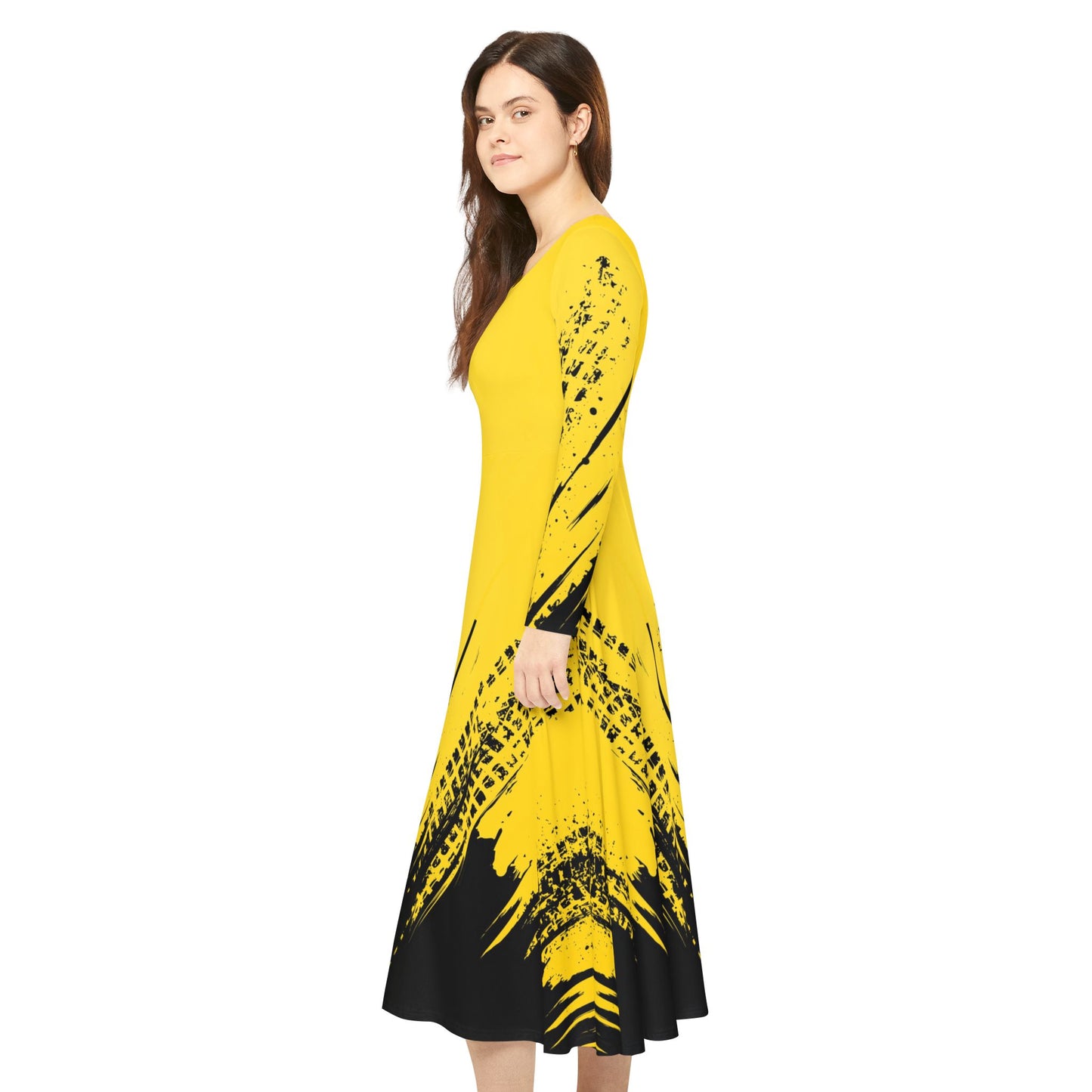 Dance Dress, Vibrant Yellow with Black Splash, Women's Long Sleeve, Dance Costume, Performance Outfit, Dancewear