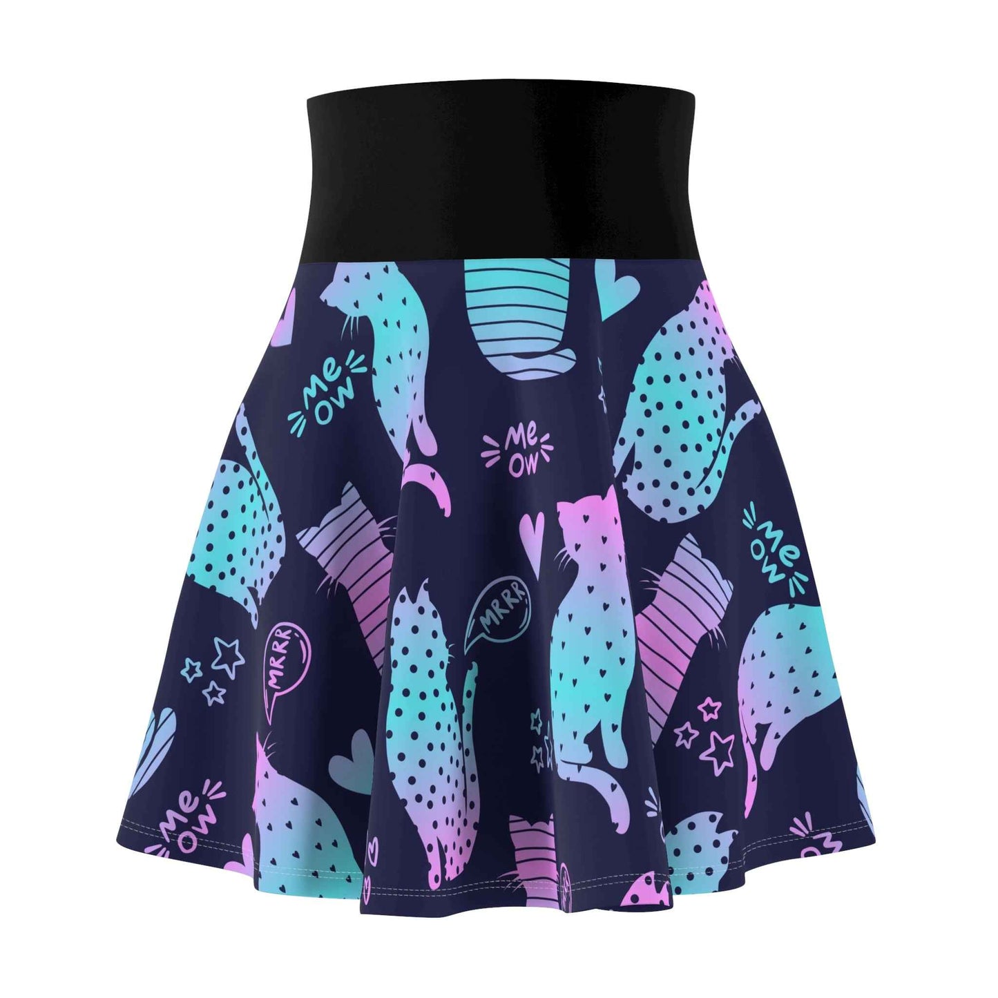 Cat Pattern Skater Skirt - Playful A-Line Mini Skirt with Cute Kitty Print for Animal Lovers