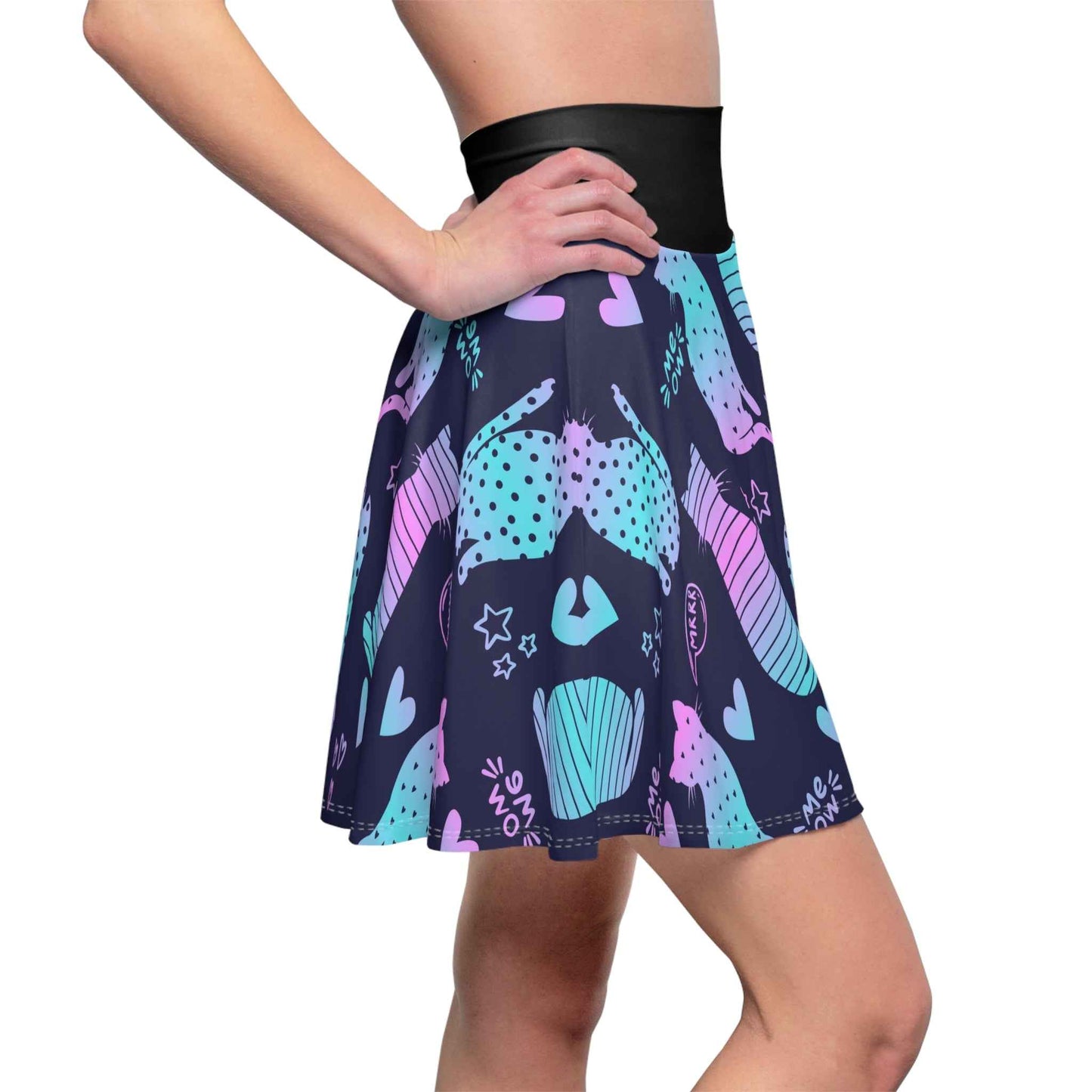 Cat Pattern Skater Skirt - Playful A-Line Mini Skirt with Cute Kitty Print for Animal Lovers