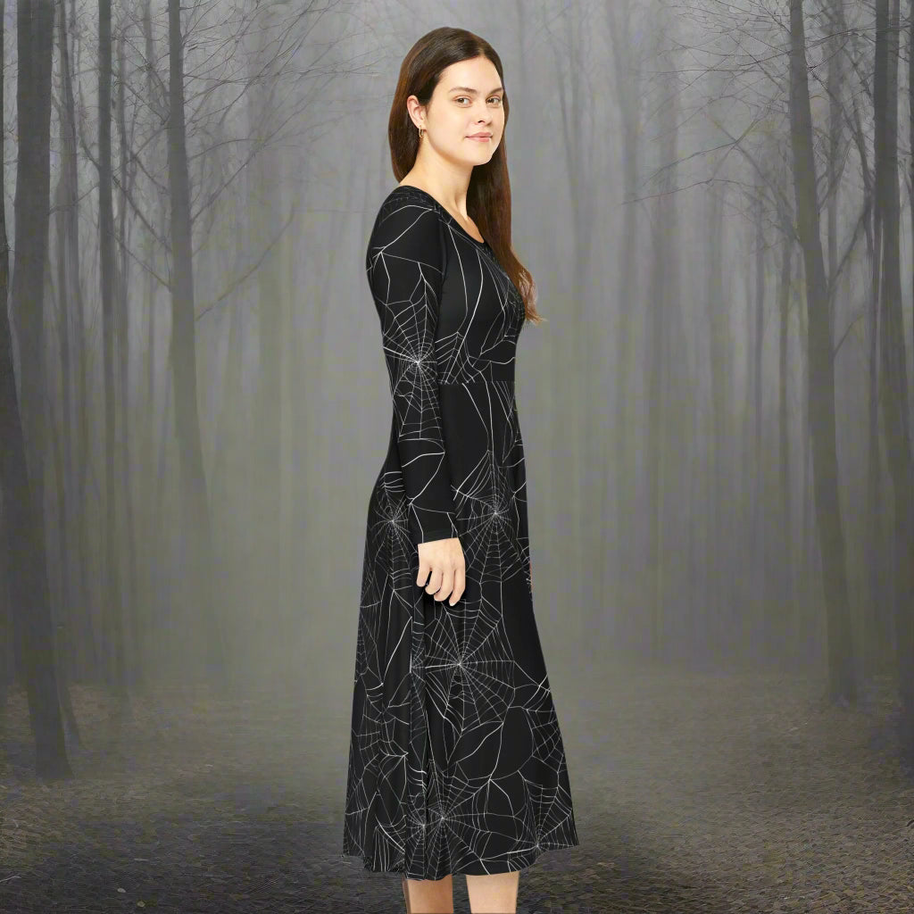 Gothic Spiderweb Dance Dress, Halloween Costume, Women's Gothic Dress, Long Sleeve Dress, Witch Dress, Spiderweb Costume
