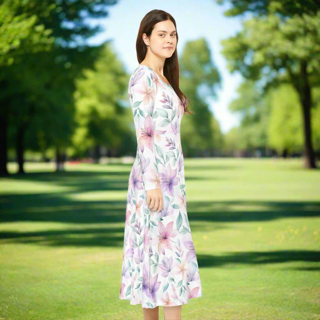 Pink Floral Dance Dress - Women's Long Sleeve Ballet Costume, Elegant Floral Dancewear for Recitals