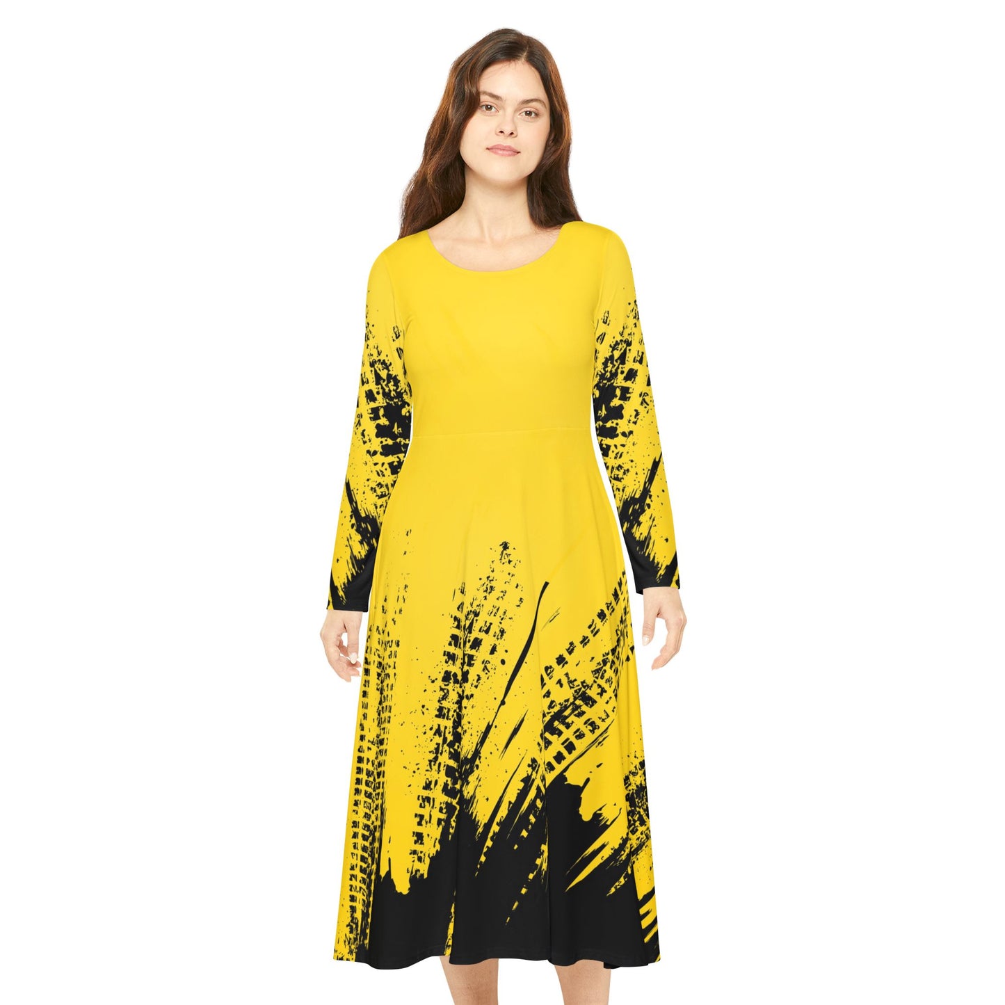 Dance Dress, Vibrant Yellow with Black Splash, Women's Long Sleeve, Dance Costume, Performance Outfit, Dancewear