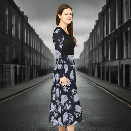 Gothic Dance Dress, Edgy Skull Print Women's Dress, Halloween Costume, Long Sleeve Goth Dress, Alternative Fashion Apparel