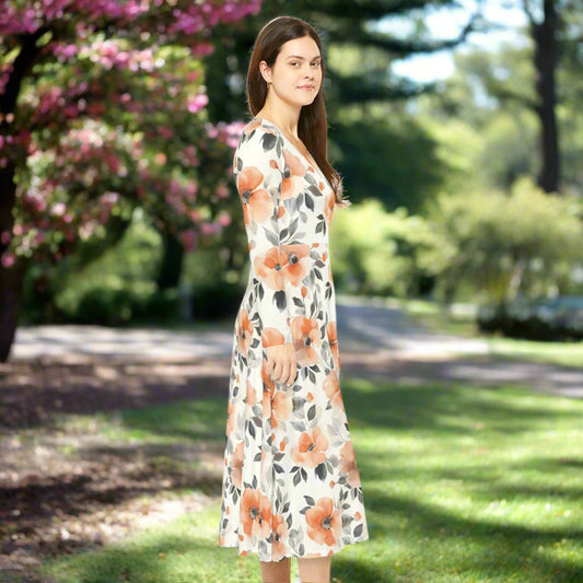 Floral Dance Dress - Elegant Long Sleeve Ballroom Gown for Tango and Salsa Dance