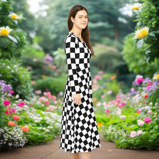 Dance Dress, Checkerboard Dress, Elegant Dress, Women's Dress, Long Sleeve Dress, Chic Dress, Special Occasion Dress, Evening Dress,