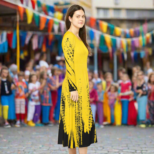 Dance Dress, Vibrant Yellow with Black Splash, Women's Long Sleeve, Dance Costume, Performance Outfit, Dancewear