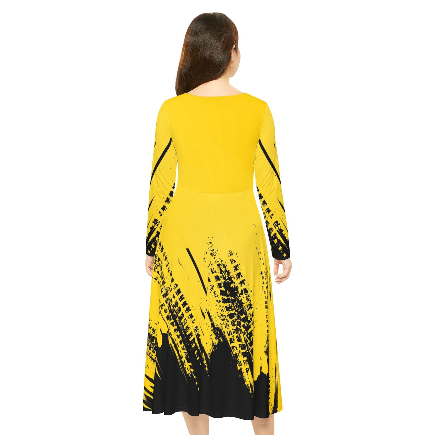 Dance Dress, Vibrant Yellow with Black Splash, Women's Long Sleeve, Dance Costume, Performance Outfit, Dancewear