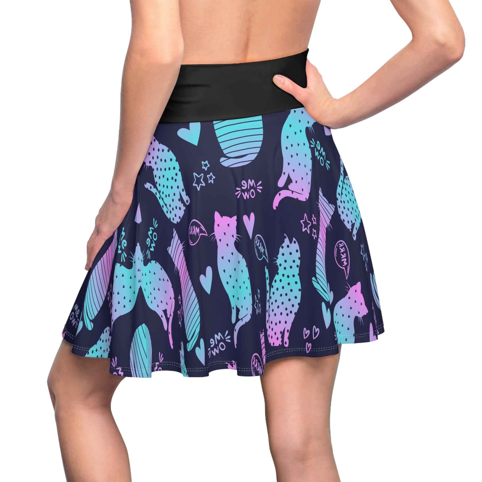 Cat Pattern Skater Skirt - Playful A-Line Mini Skirt with Cute Kitty Print for Animal Lovers