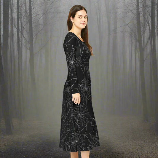 Gothic Spiderweb Dance Dress, Halloween Costume, Women's Gothic Dress, Long Sleeve Dress, Witch Dress, Spiderweb Costume